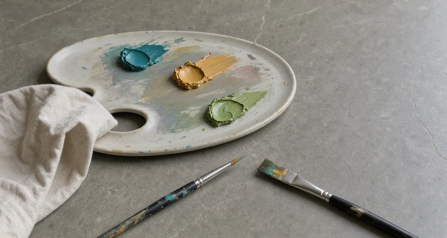 Two brush tips and distinct paint dabs on one pale ceramic palette, surrounded by grey stone.