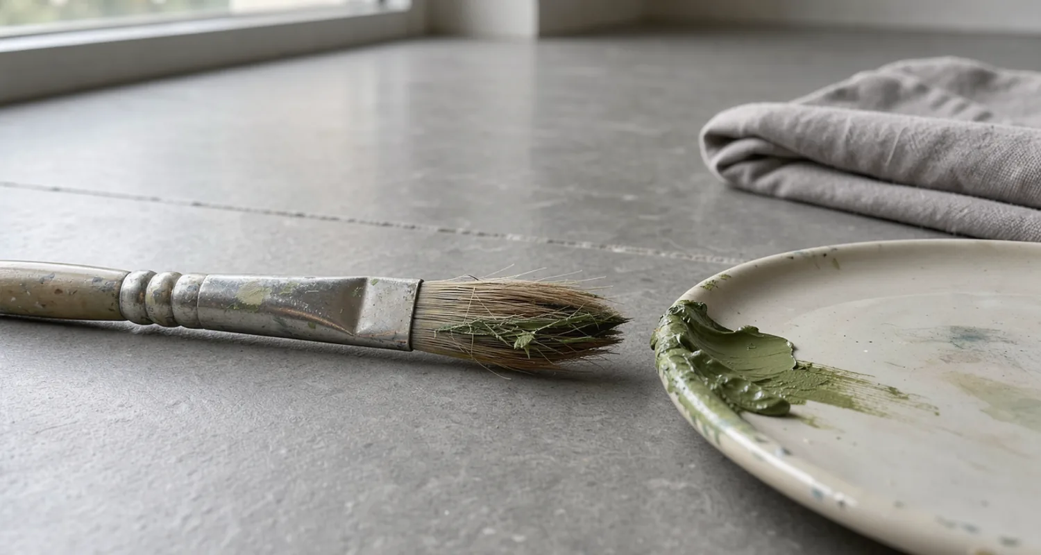 A fine brush tip, a small green paint dab and soft cloth on grey stone beside a pale palette.
