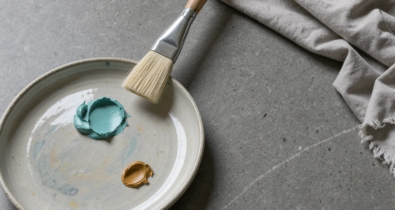 A broad brush tip near a turquoise paint dab on a reusable ceramic palette and grey stone.