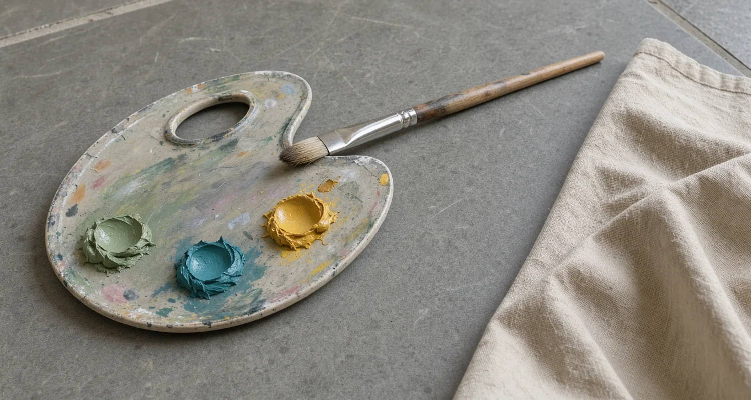 A pale ceramic palette with separate green paint dabs and a brush beside a folded cloth.