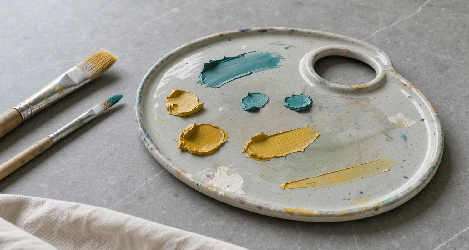 Irregular teal and ochre paint dabs beside two brush tips on pale ceramic, over grey stone.